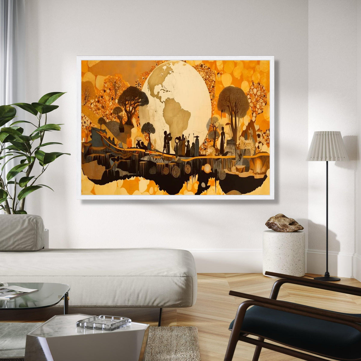 African Tribal Silhouettes Canvas, Earth Globe Wall Art, Ethnic Landscape Canvas, Cultural Heritage Decor, Warm Gift Art, Home Decor, Print