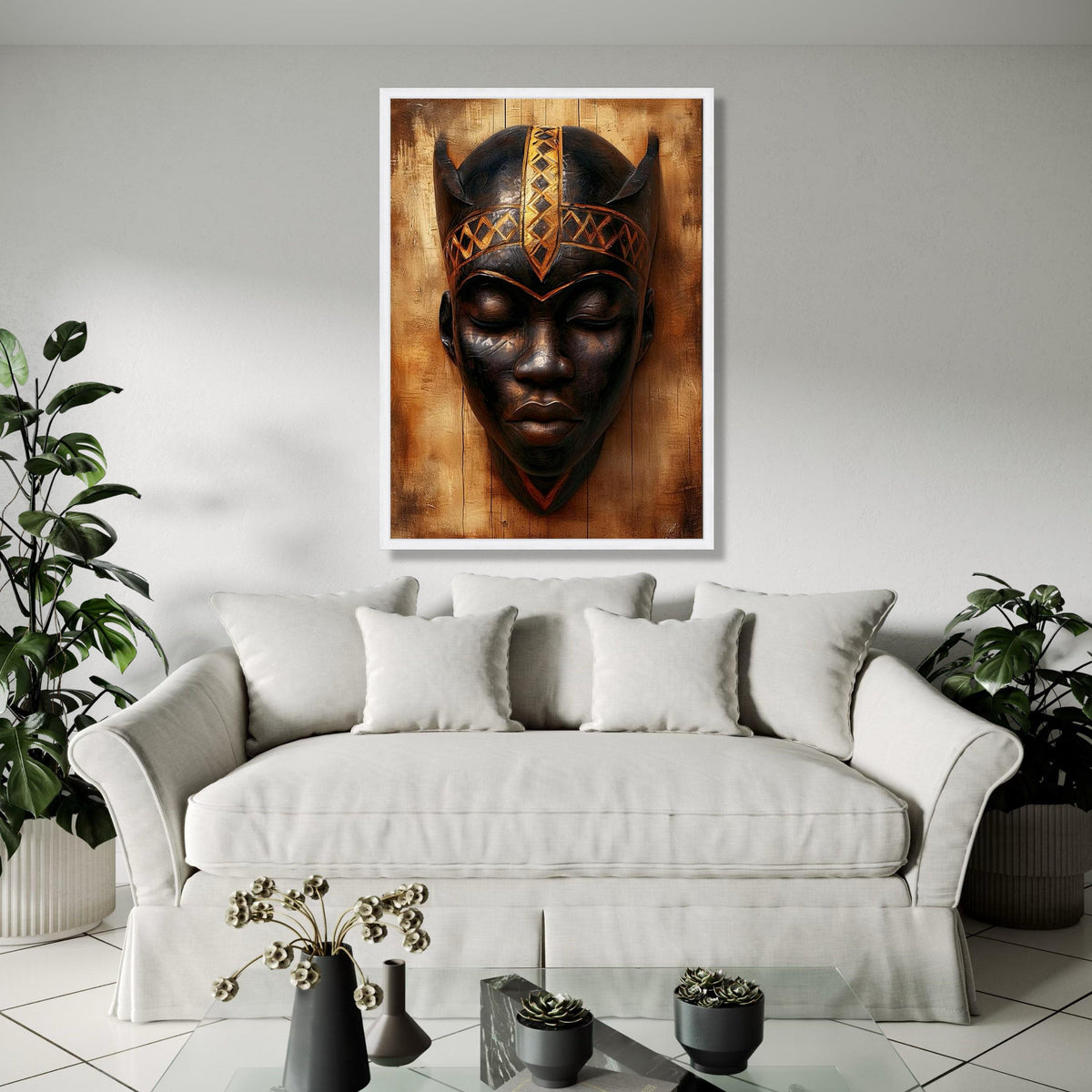 Tribal African Mask Canvas Wall Art, Ethnic Face Sculpture, Cultural Home Decor, Wooden Art Print, Unique Wall Gift Art, Home Decor, Print