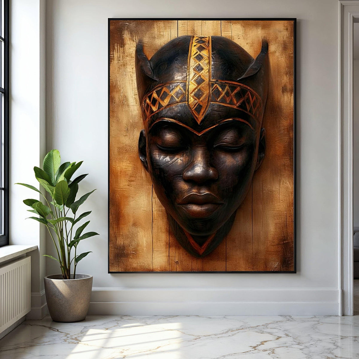 Tribal African Mask Canvas Wall Art, Ethnic Face Sculpture, Cultural Home Decor, Wooden Art Print, Unique Wall Gift Art, Home Decor, Print