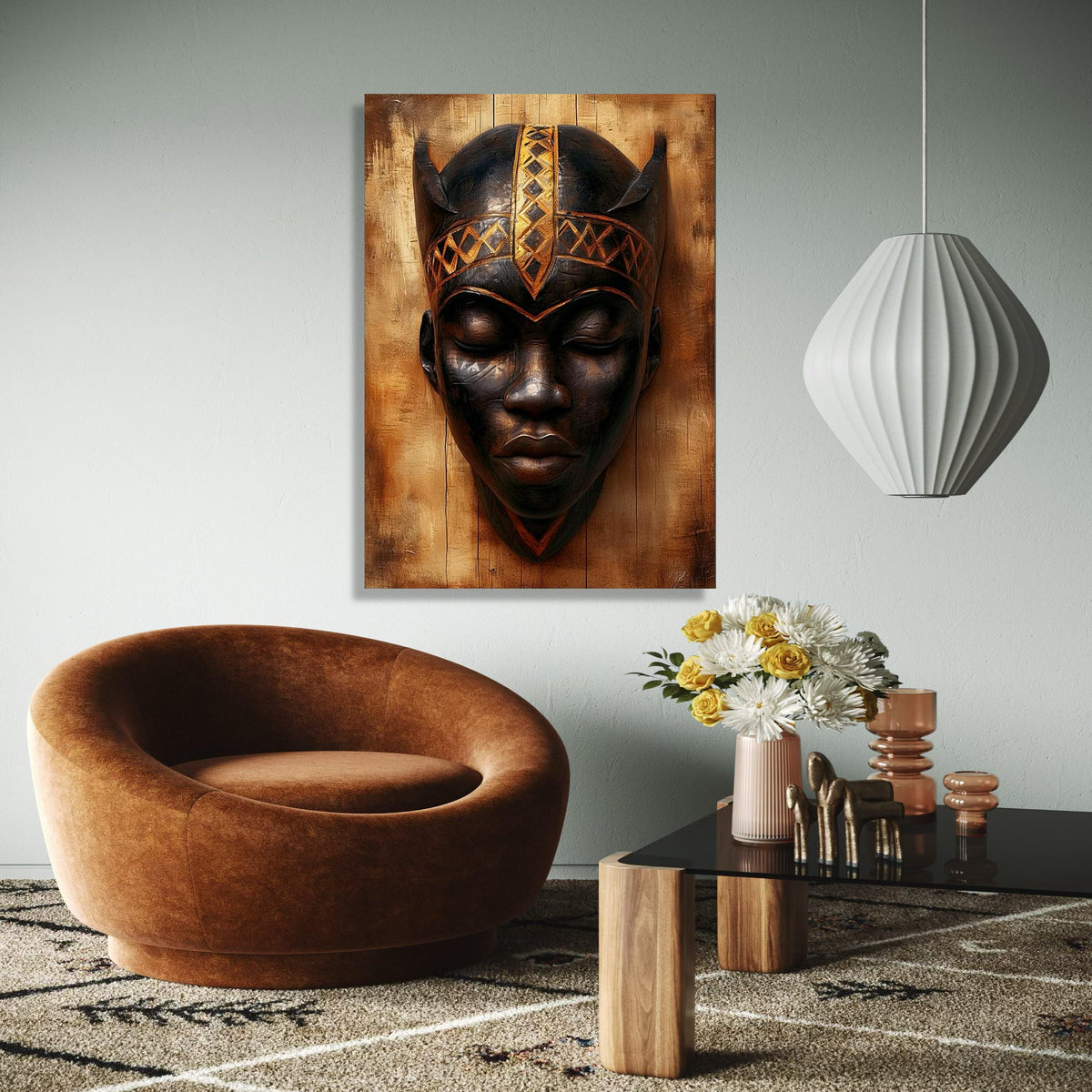 Tribal African Mask Canvas Wall Art, Ethnic Face Sculpture, Cultural Home Decor, Wooden Art Print, Unique Wall Gift Art, Home Decor, Print