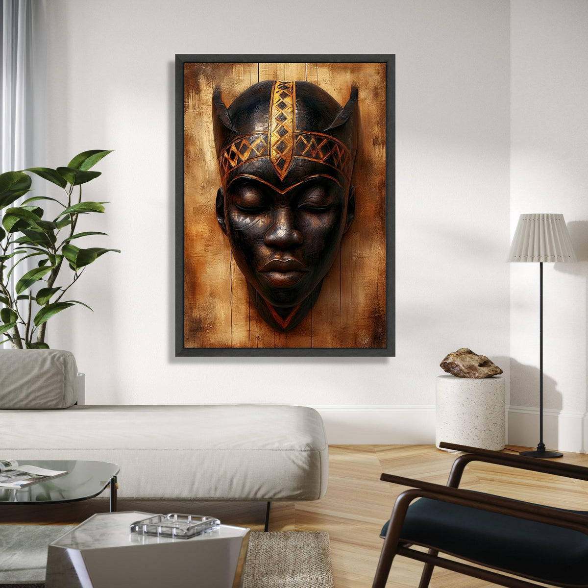 Tribal African Mask Canvas Wall Art, Ethnic Face Sculpture, Cultural Home Decor, Wooden Art Print, Unique Wall Gift Art, Home Decor, Print