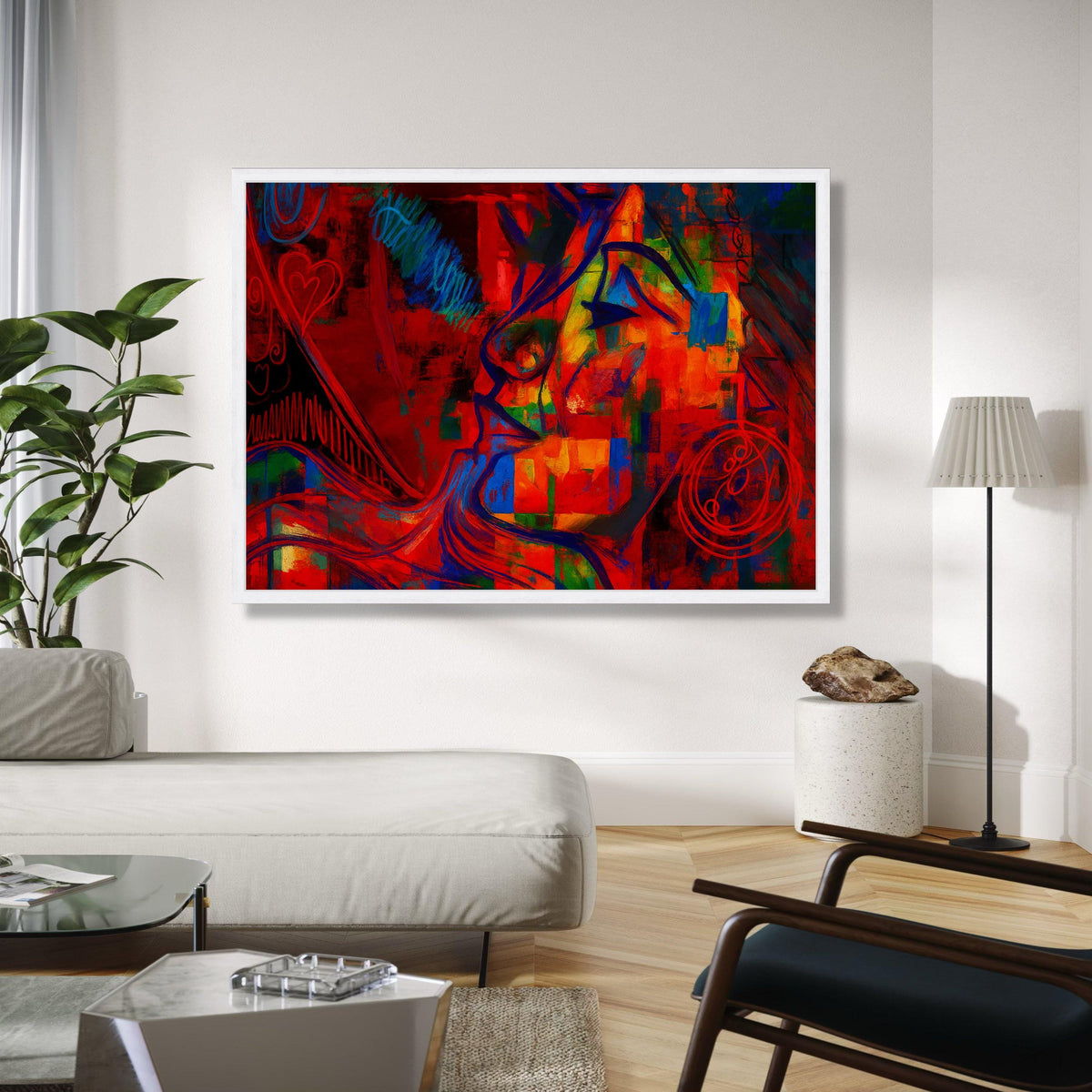 Vibrant Abstract Love Canvas, Bold Red Blue Wall Art, Modern Expressionist Portrait, Colorful Home Decoration, Gift Art, Home Decor, Print