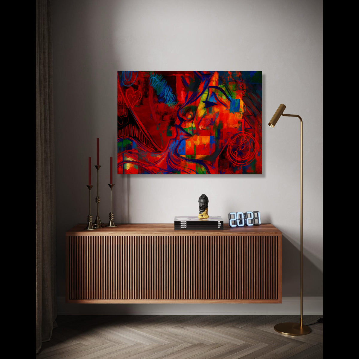 Vibrant Abstract Love Canvas, Bold Red Blue Wall Art, Modern Expressionist Portrait, Colorful Home Decoration, Gift Art, Home Decor, Print