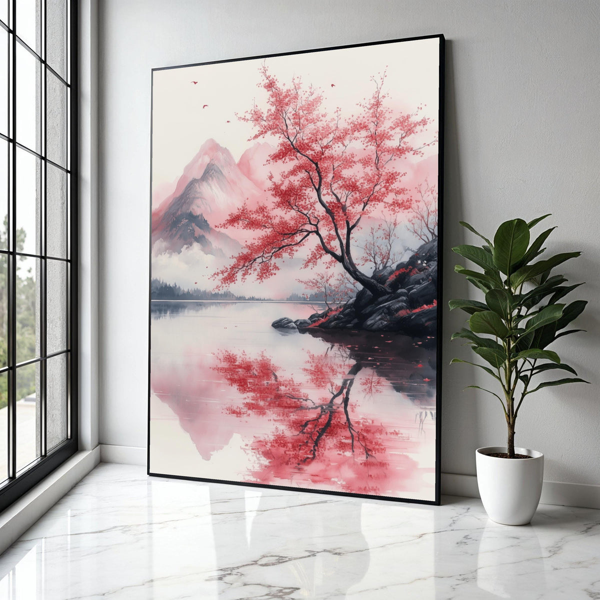 Tranquil Red Maple Tree, Mountain Reflection Canvas, Japanese Landscape Wall Art, Nature Serenity Canvas, Calm Gift Art, Home Decor, Print