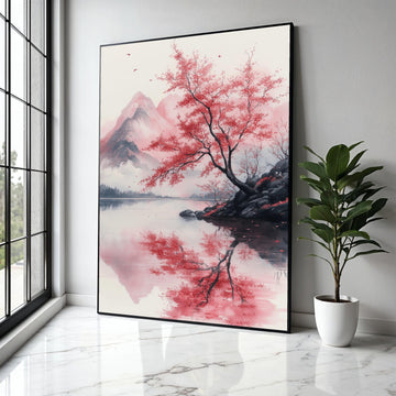 Tranquil Red Maple Tree, Mountain Reflection Canvas, Japanese Landscape Wall Art, Nature Serenity Canvas, Calm Gift Art, Home Decor, Print