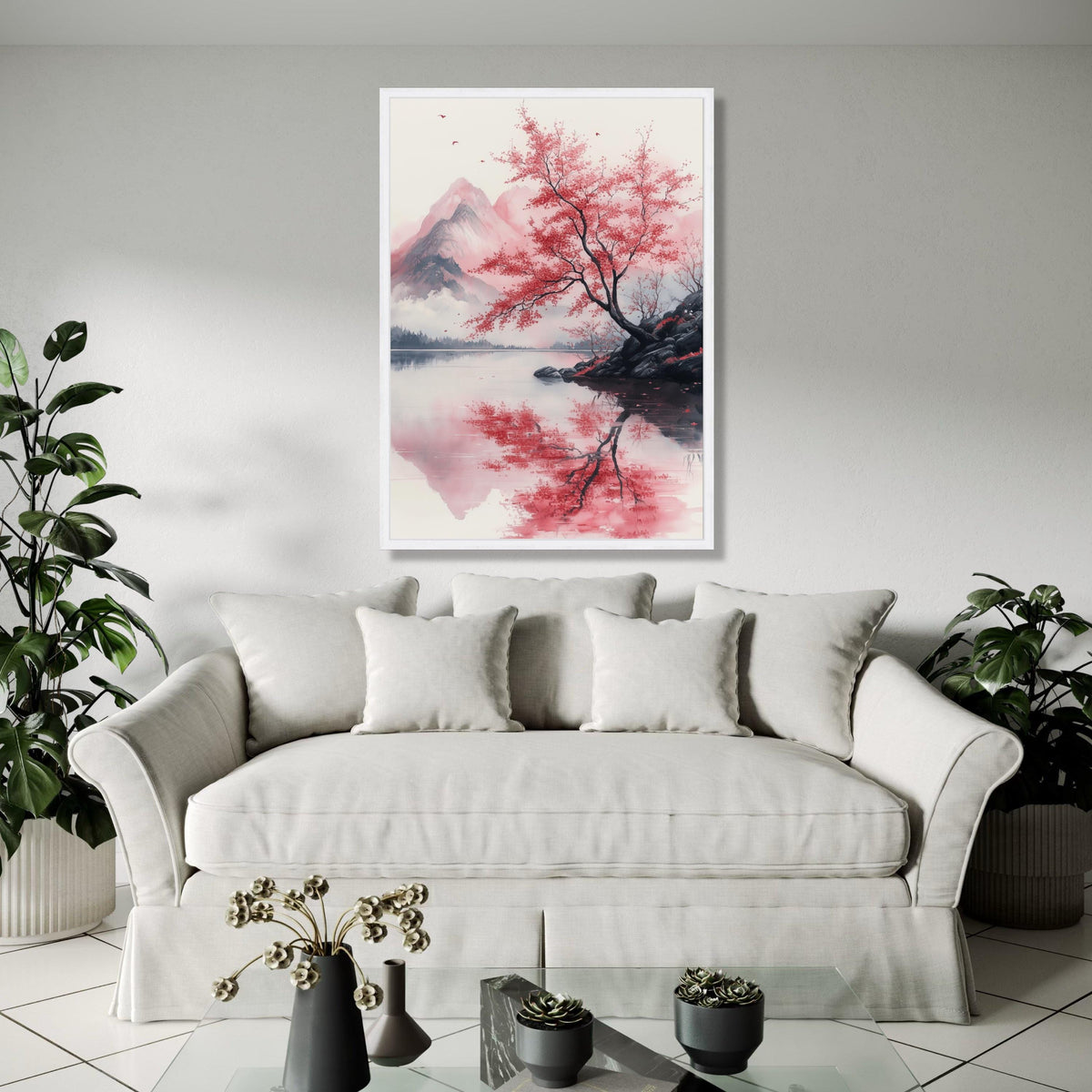 Tranquil Red Maple Tree, Mountain Reflection Canvas, Japanese Landscape Wall Art, Nature Serenity Canvas, Calm Gift Art, Home Decor, Print