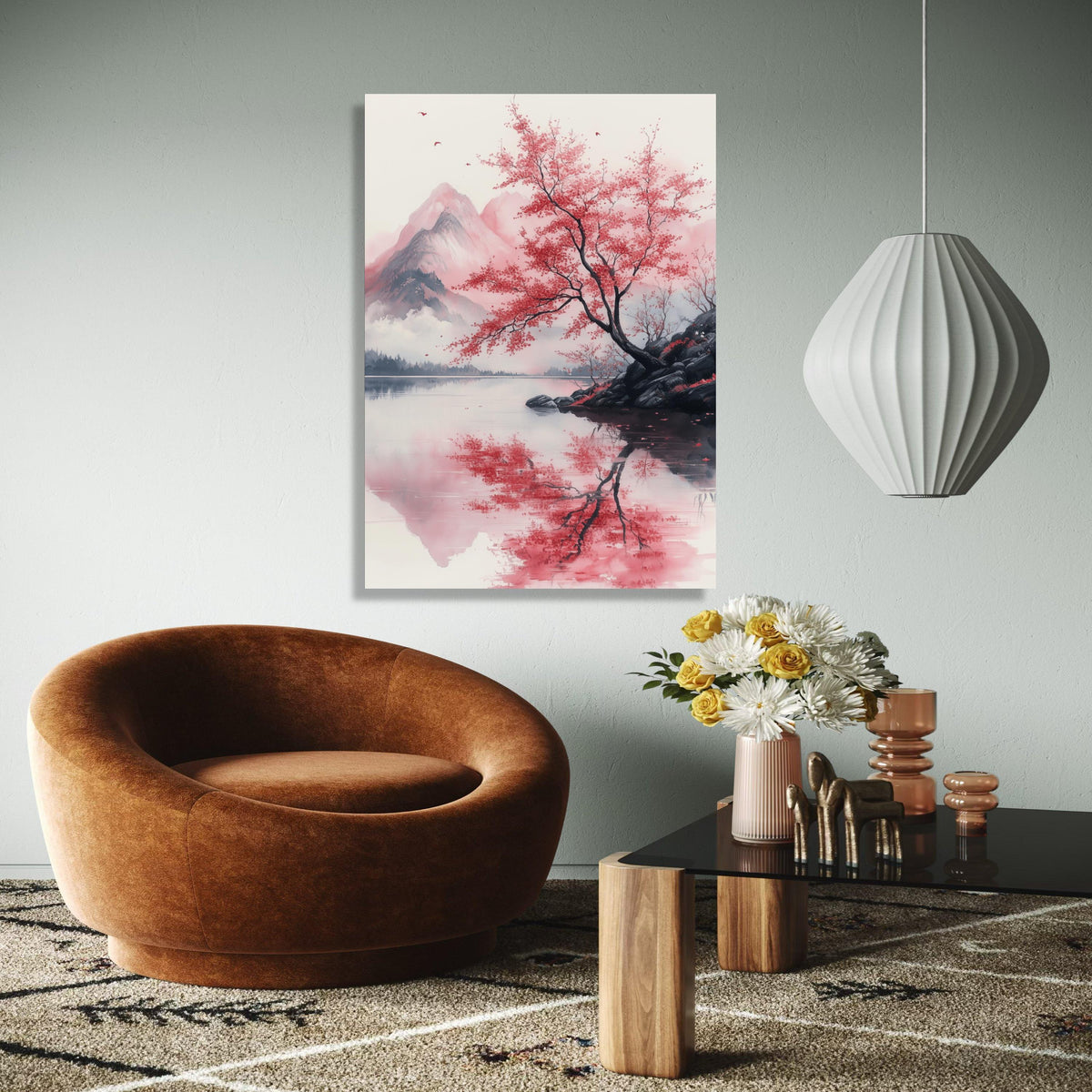 Tranquil Red Maple Tree, Mountain Reflection Canvas, Japanese Landscape Wall Art, Nature Serenity Canvas, Calm Gift Art, Home Decor, Print