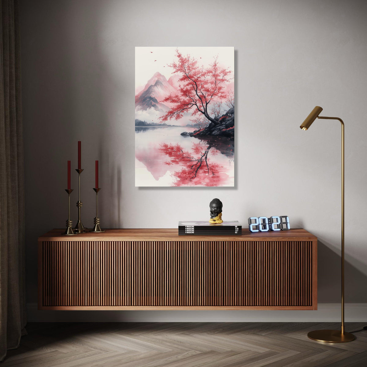 Tranquil Red Maple Tree, Mountain Reflection Canvas, Japanese Landscape Wall Art, Nature Serenity Canvas, Calm Gift Art, Home Decor, Print