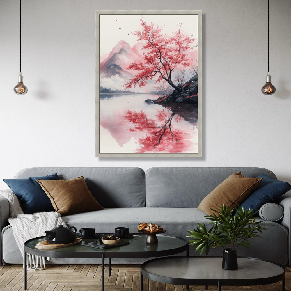 Tranquil Red Maple Tree, Mountain Reflection Canvas, Japanese Landscape Wall Art, Nature Serenity Canvas, Calm Gift Art, Home Decor, Print