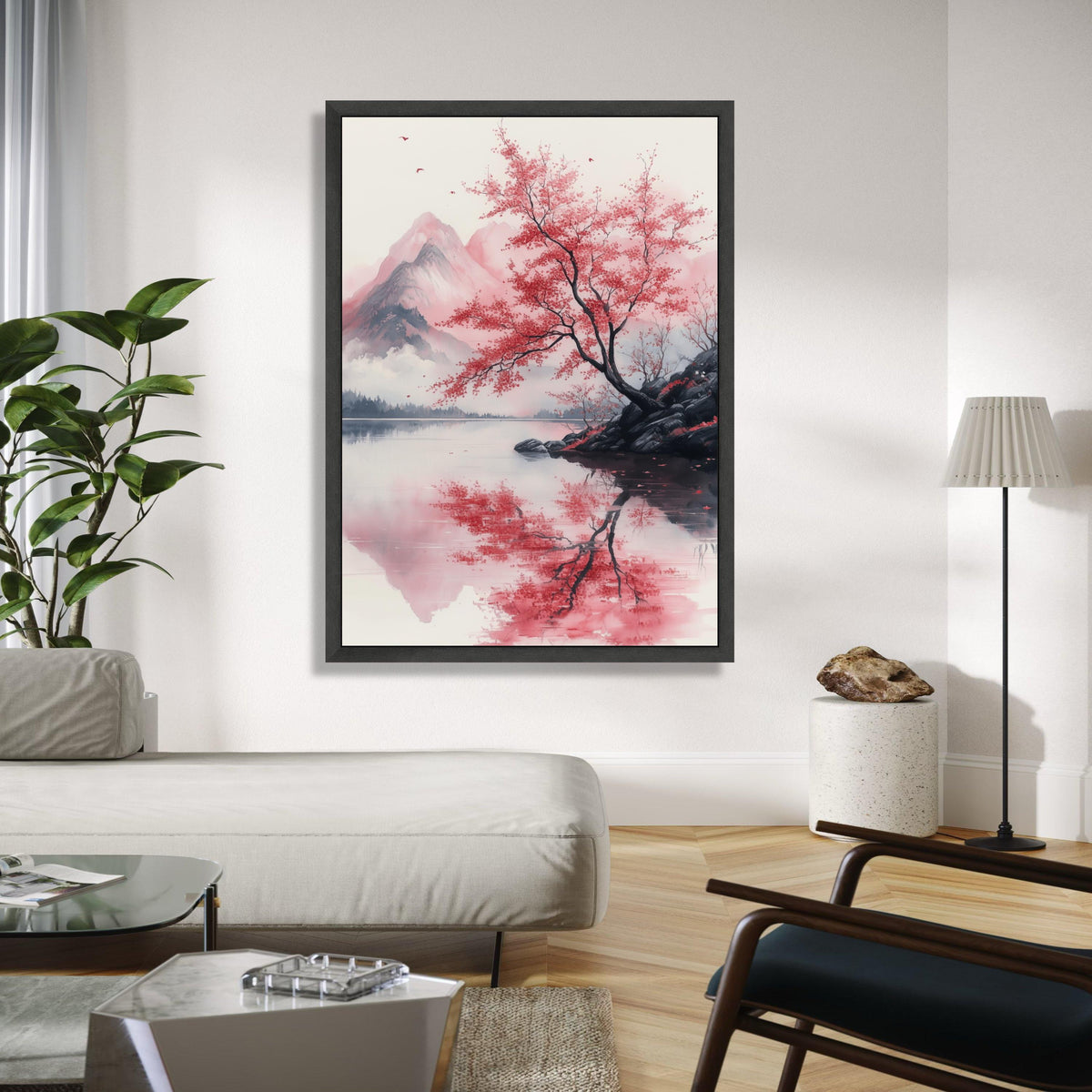 Tranquil Red Maple Tree, Mountain Reflection Canvas, Japanese Landscape Wall Art, Nature Serenity Canvas, Calm Gift Art, Home Decor, Print