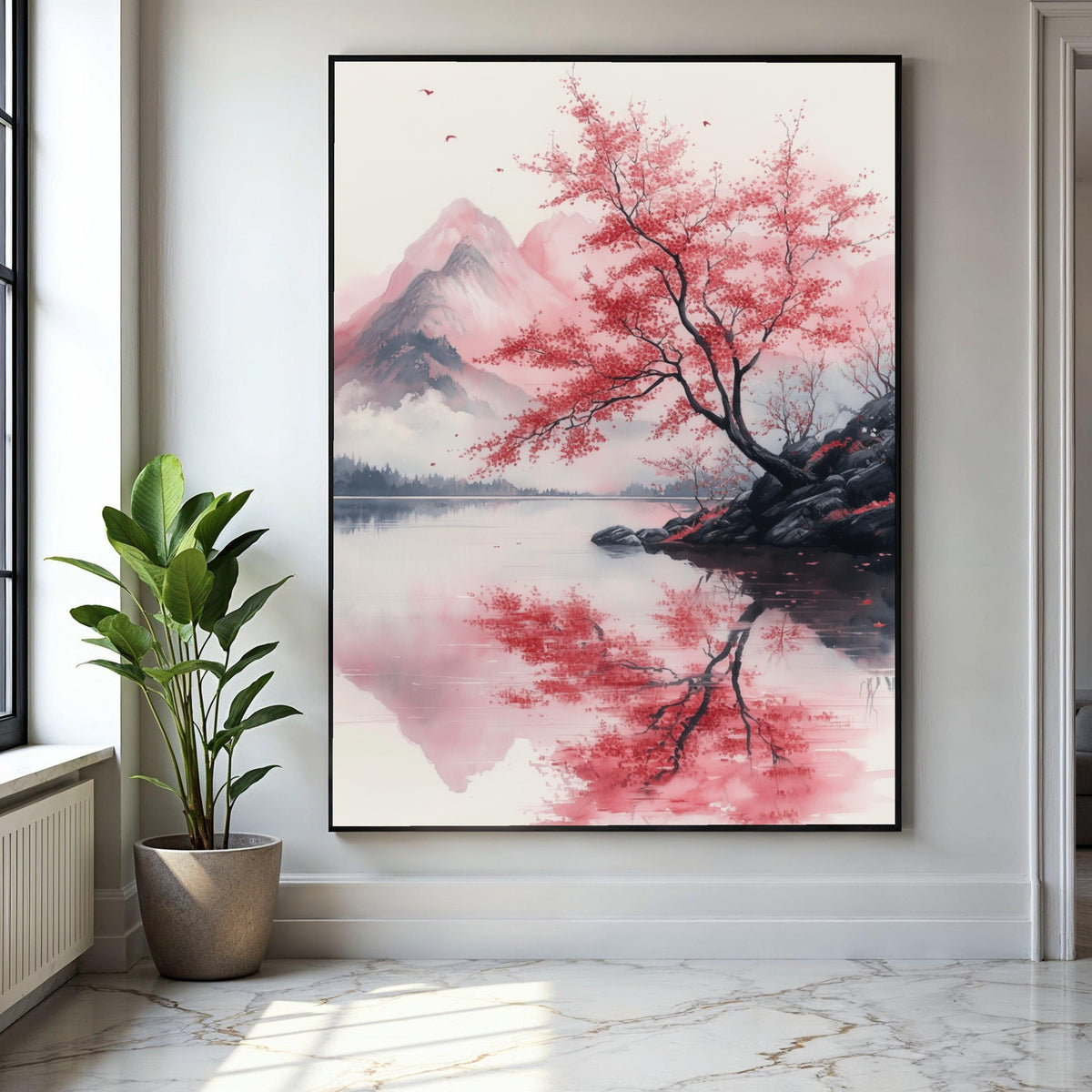 Tranquil Red Maple Tree, Mountain Reflection Canvas, Japanese Landscape Wall Art, Nature Serenity Canvas, Calm Gift Art, Home Decor, Print