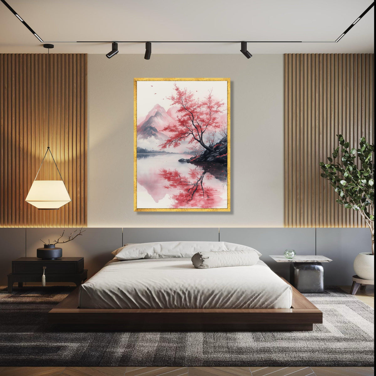 Tranquil Red Maple Tree, Mountain Reflection Canvas, Japanese Landscape Wall Art, Nature Serenity Canvas, Calm Gift Art, Home Decor, Print
