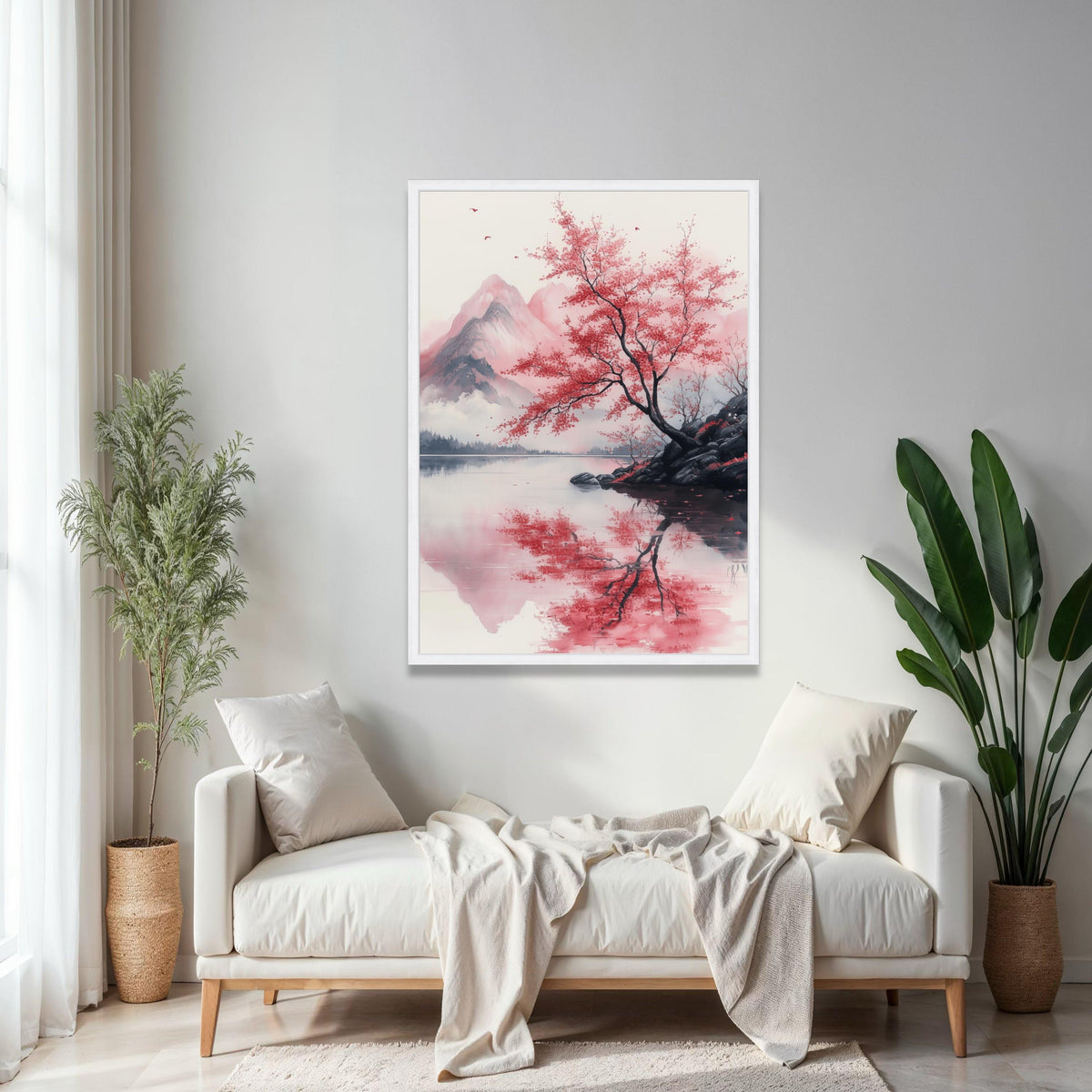 Tranquil Red Maple Tree, Mountain Reflection Canvas, Japanese Landscape Wall Art, Nature Serenity Canvas, Calm Gift Art, Home Decor, Print
