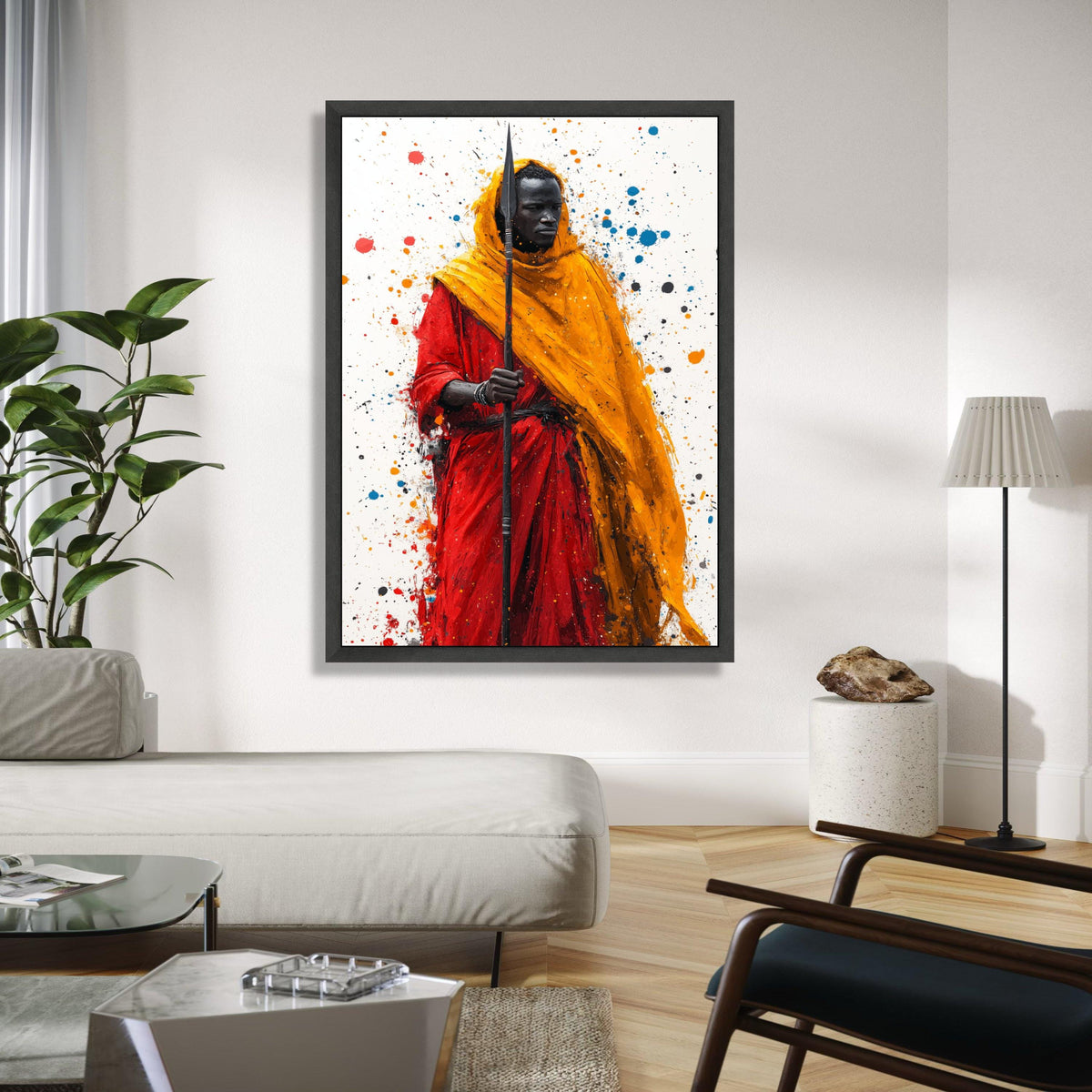Bold Tribal Warrior Canvas Wall Art, African Culture Painting, Red and Orange Robe Art Print, Modern Ethnic Gift Art, Home Decor, Print
