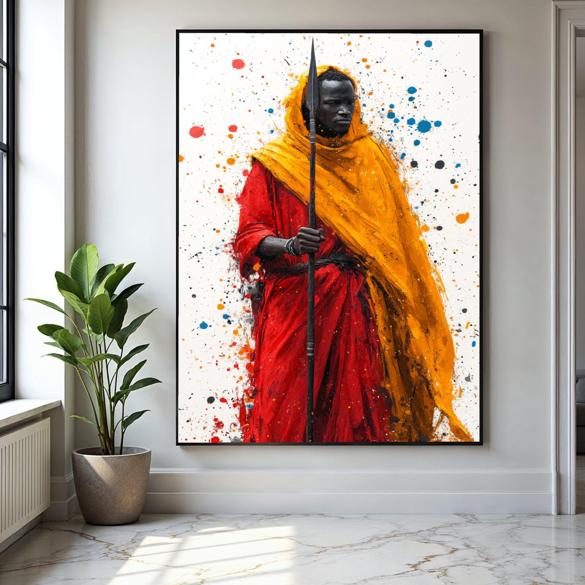 Bold Tribal Warrior Canvas Wall Art, African Culture Painting, Red and Orange Robe Art Print, Modern Ethnic Gift Art, Home Decor, Print