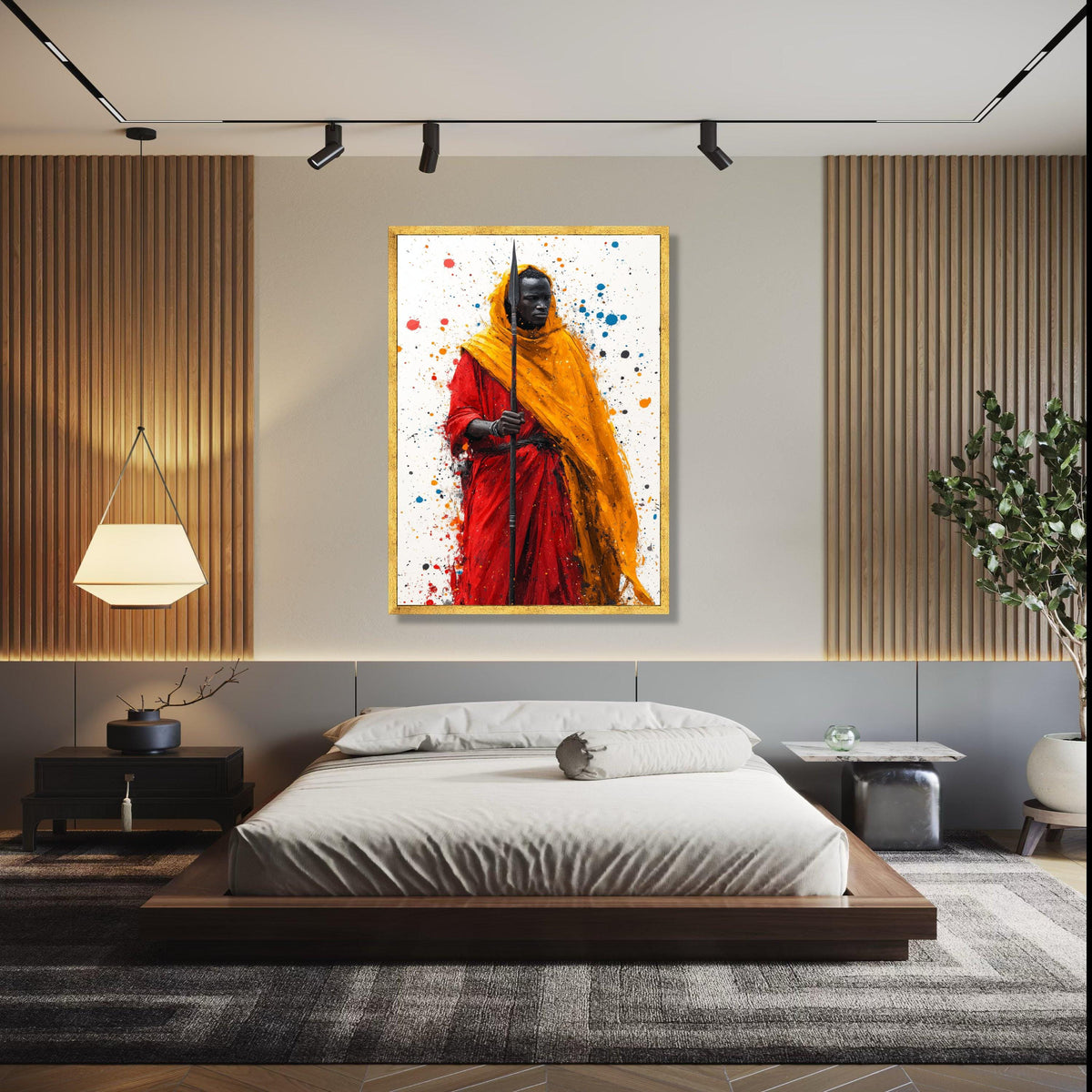 Bold Tribal Warrior Canvas Wall Art, African Culture Painting, Red and Orange Robe Art Print, Modern Ethnic Gift Art, Home Decor, Print