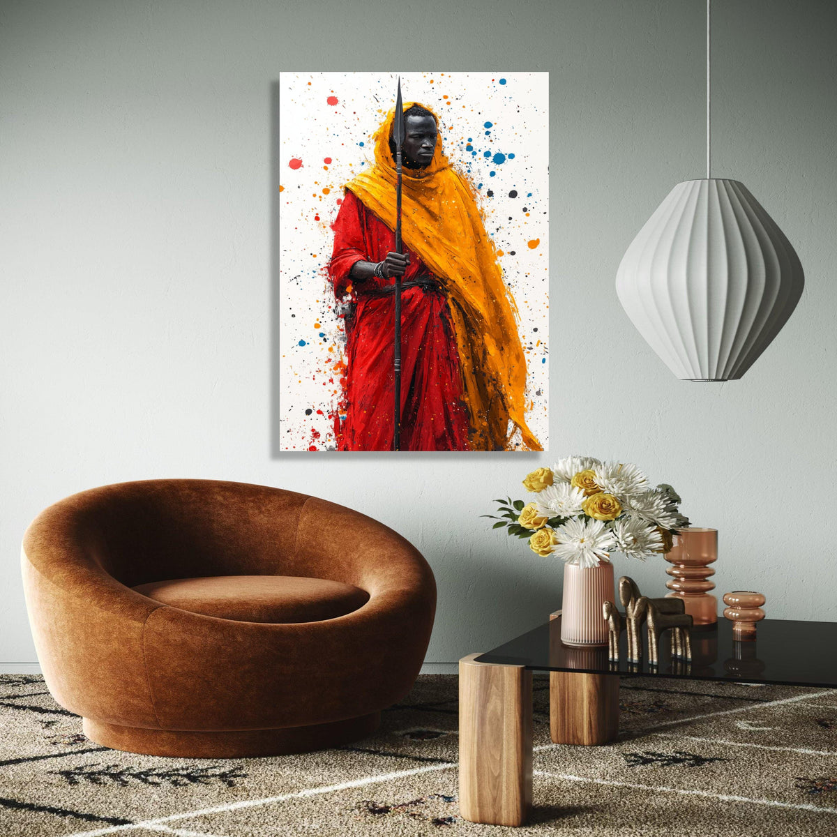 Bold Tribal Warrior Canvas Wall Art, African Culture Painting, Red and Orange Robe Art Print, Modern Ethnic Gift Art, Home Decor, Print
