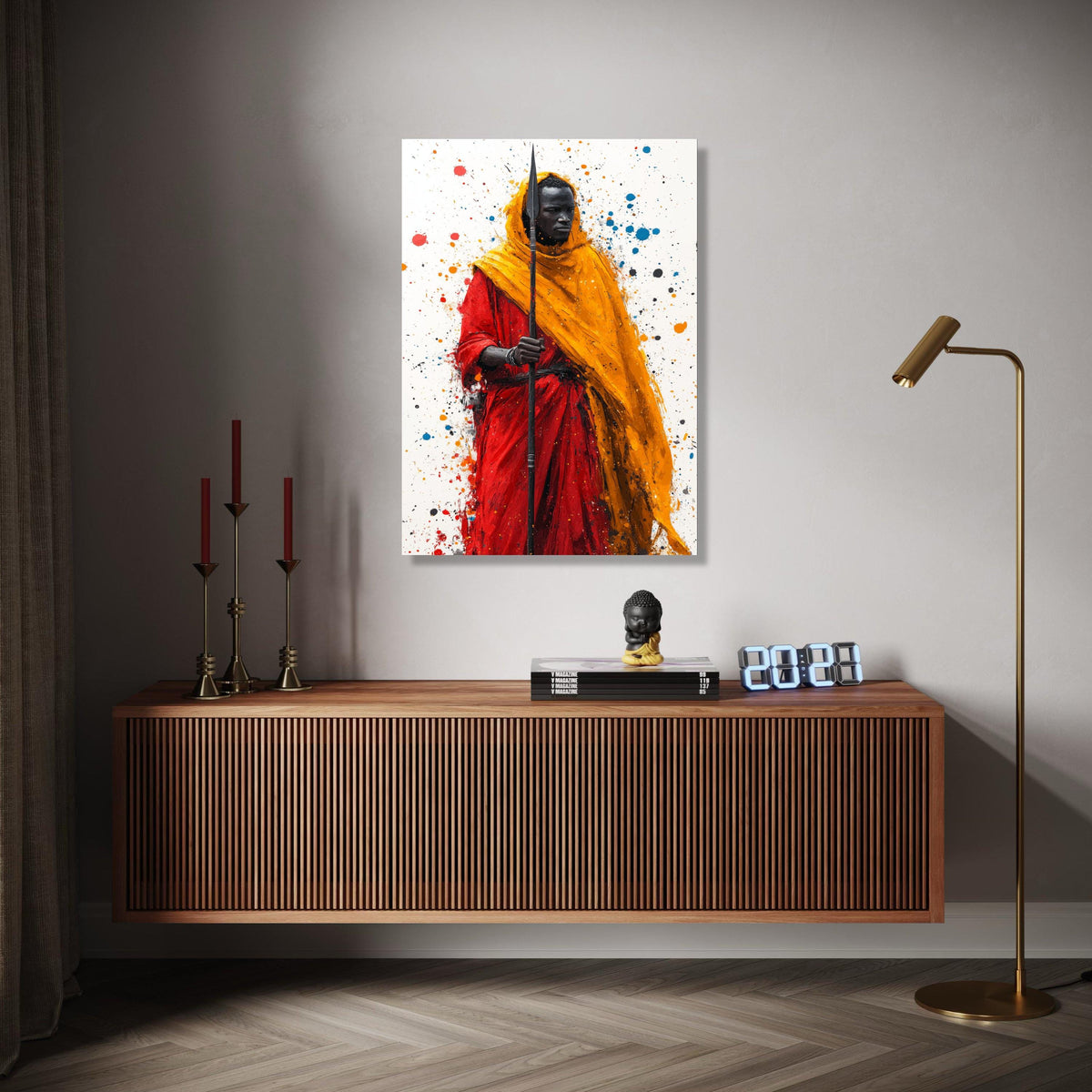 Bold Tribal Warrior Canvas Wall Art, African Culture Painting, Red and Orange Robe Art Print, Modern Ethnic Gift Art, Home Decor, Print