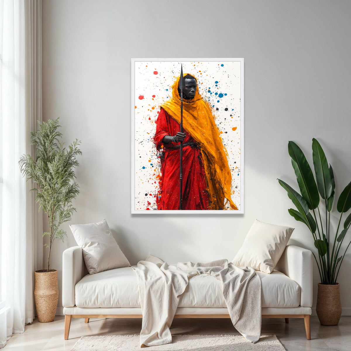 Bold Tribal Warrior Canvas Wall Art, African Culture Painting, Red and Orange Robe Art Print, Modern Ethnic Gift Art, Home Decor, Print