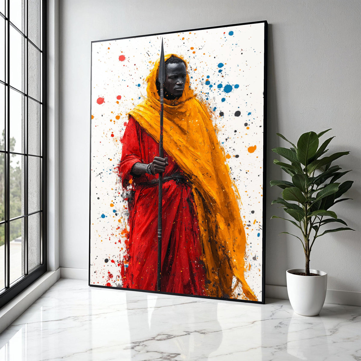 Bold Tribal Warrior Canvas Wall Art, African Culture Painting, Red and Orange Robe Art Print, Modern Ethnic Gift Art, Home Decor, Print
