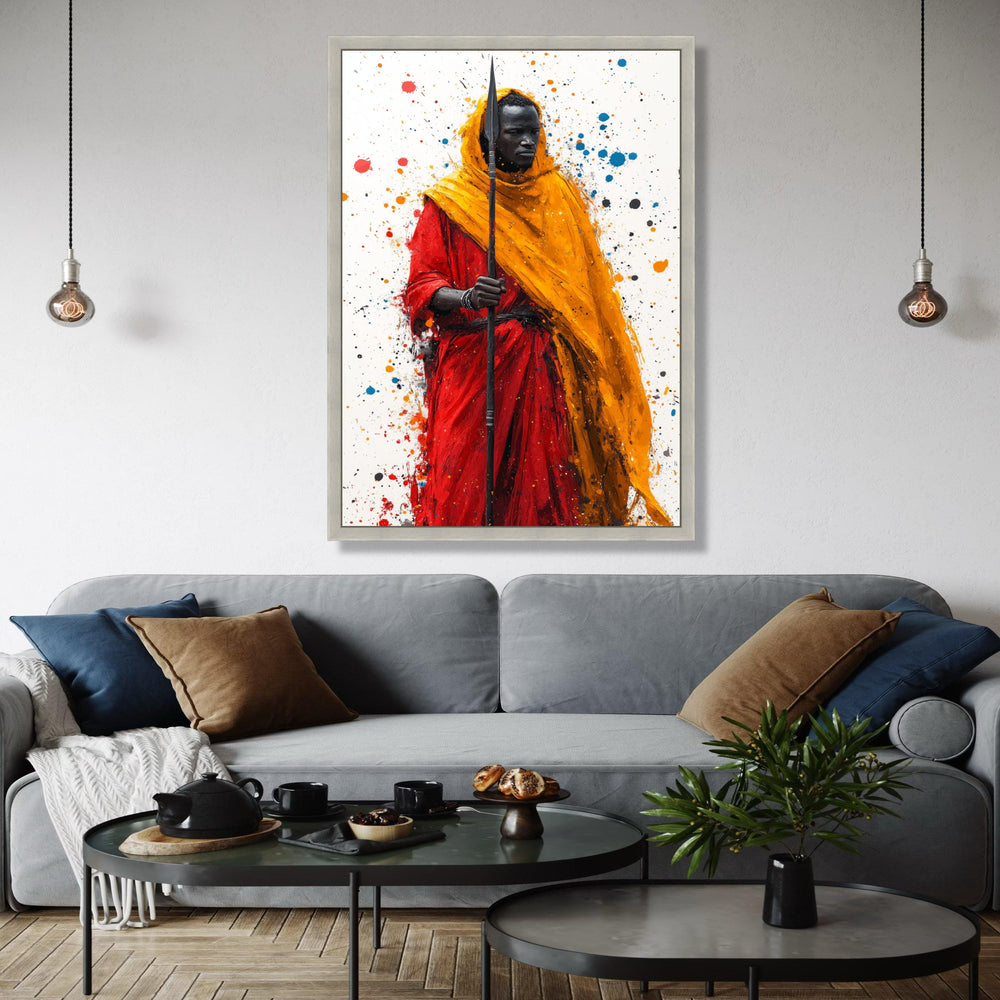 Bold Tribal Warrior Canvas Wall Art, African Culture Painting, Red and Orange Robe Art Print, Modern Ethnic Gift Art, Home Decor, Print