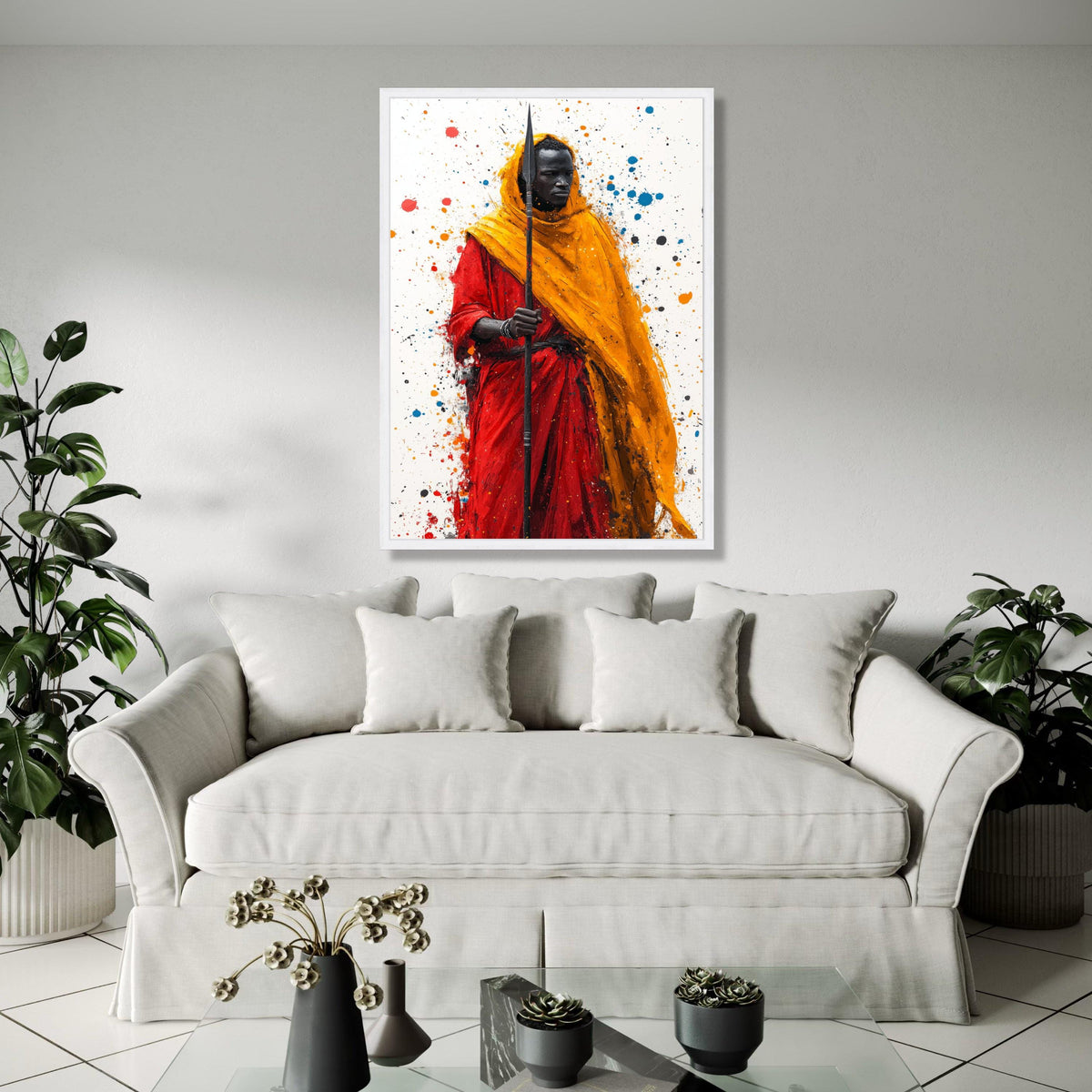 Bold Tribal Warrior Canvas Wall Art, African Culture Painting, Red and Orange Robe Art Print, Modern Ethnic Gift Art, Home Decor, Print