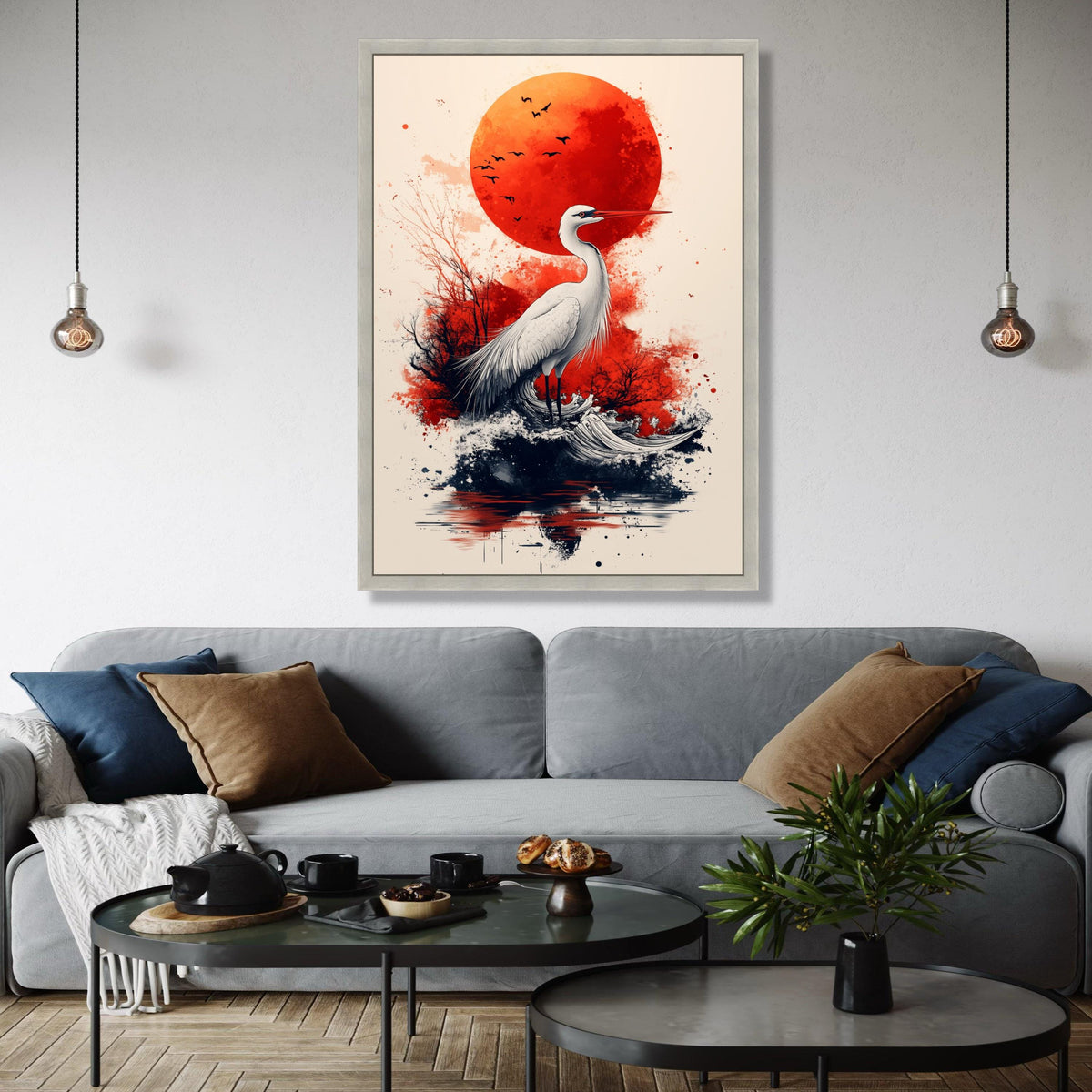 Elegant Heron with Red Sun Canvas, Japanese Inspired Wildlife Art, Abstract Nature Wall Decor, Modern Bird Gift Art, Home Decor, Print