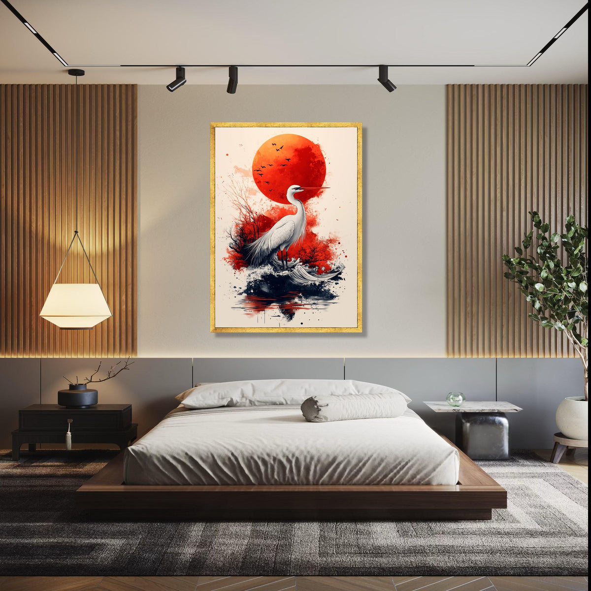 Elegant Heron with Red Sun Canvas, Japanese Inspired Wildlife Art, Abstract Nature Wall Decor, Modern Bird Gift Art, Home Decor, Print