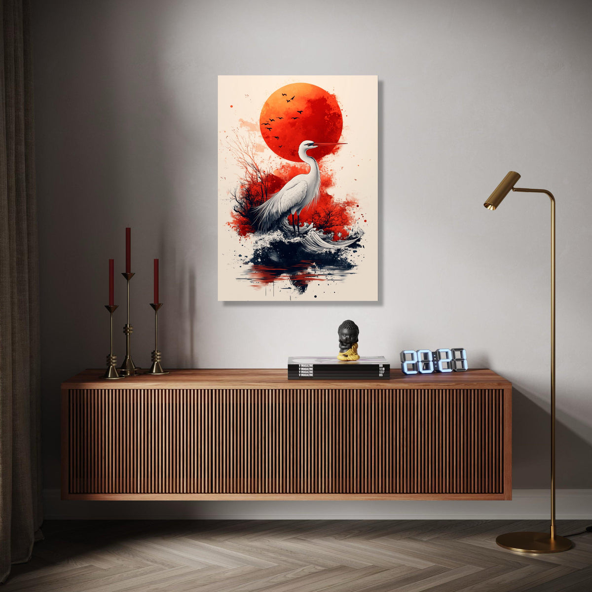 Elegant Heron with Red Sun Canvas, Japanese Inspired Wildlife Art, Abstract Nature Wall Decor, Modern Bird Gift Art, Home Decor, Print