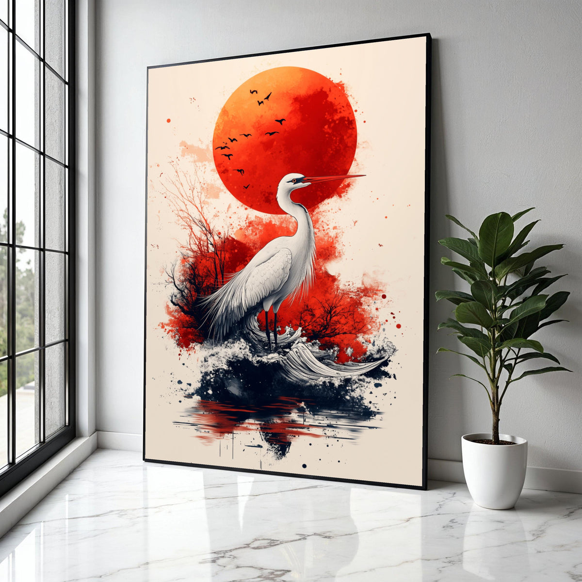 Elegant Heron with Red Sun Canvas, Japanese Inspired Wildlife Art, Abstract Nature Wall Decor, Modern Bird Gift Art, Home Decor, Print