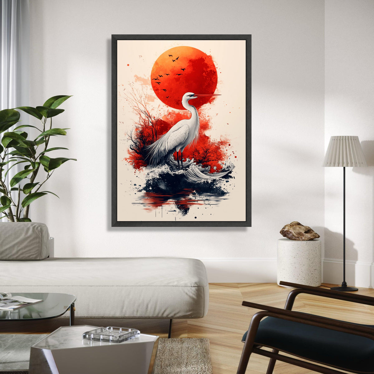 Elegant Heron with Red Sun Canvas, Japanese Inspired Wildlife Art, Abstract Nature Wall Decor, Modern Bird Gift Art, Home Decor, Print