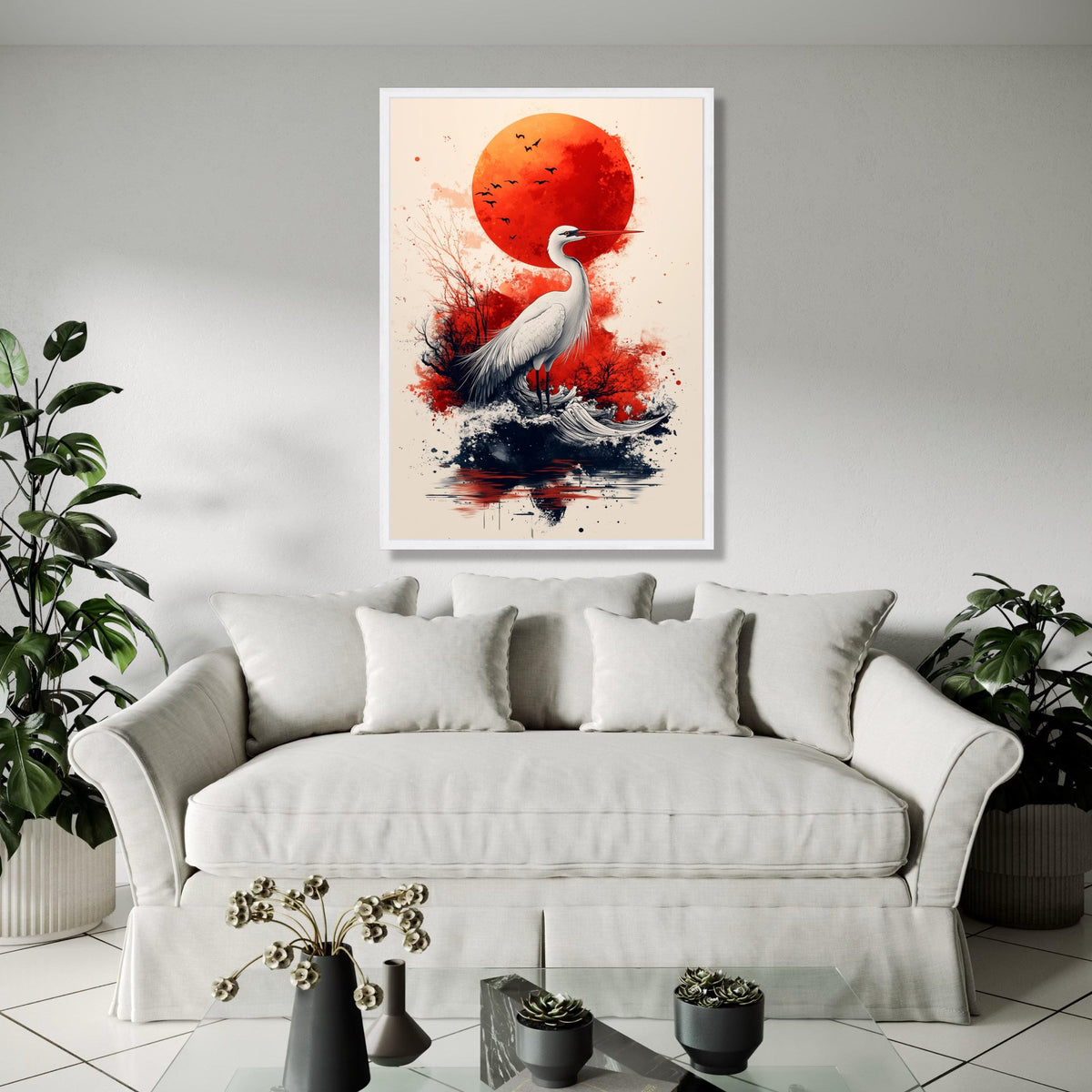 Elegant Heron with Red Sun Canvas, Japanese Inspired Wildlife Art, Abstract Nature Wall Decor, Modern Bird Gift Art, Home Decor, Print