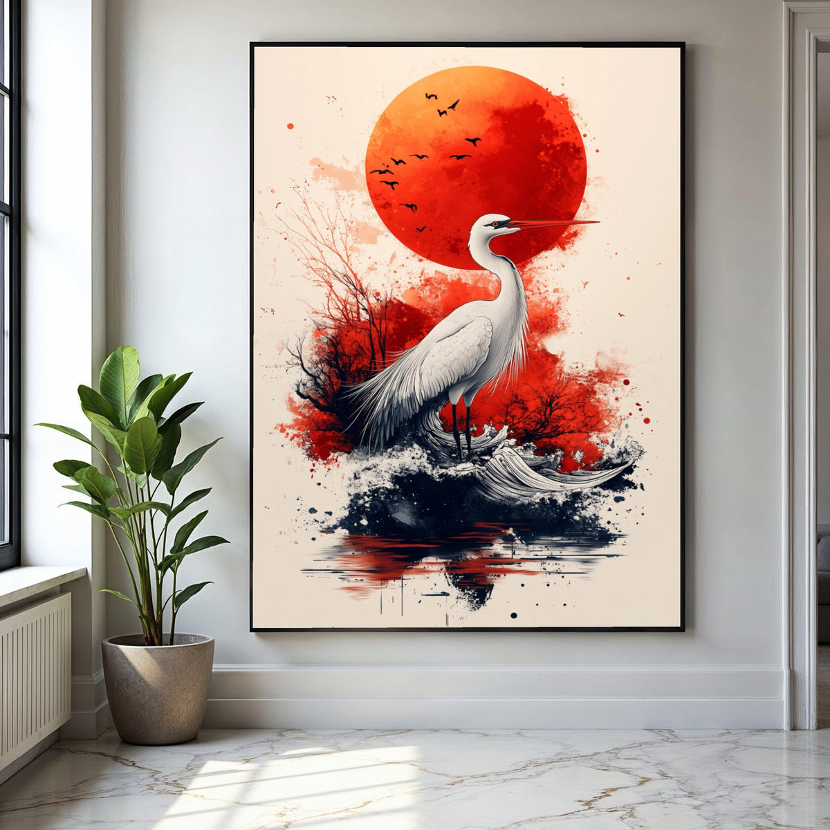 Elegant Heron with Red Sun Canvas, Japanese Inspired Wildlife Art, Abstract Nature Wall Decor, Modern Bird Gift Art, Home Decor, Print