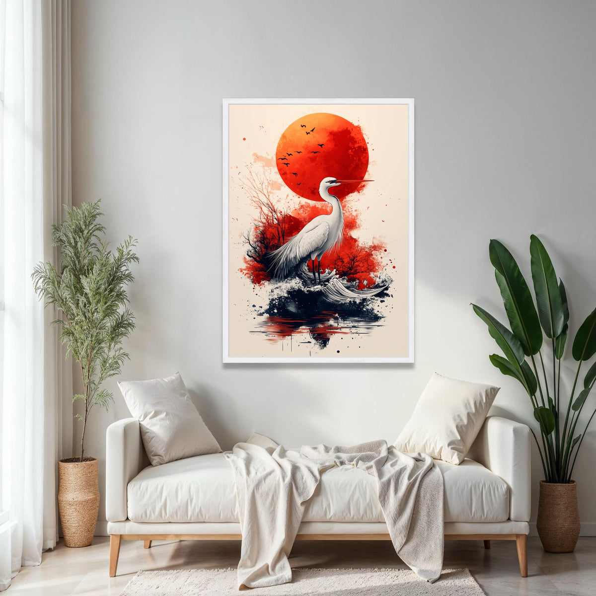 Elegant Heron with Red Sun Canvas, Japanese Inspired Wildlife Art, Abstract Nature Wall Decor, Modern Bird Gift Art, Home Decor, Print