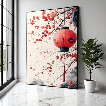 Red Japanese Lantern Canvas, Cherry Blossom Wall Art, Asian Inspired Floral Painting, Oriental Home Decor, Gift Art, Home Decor, Print