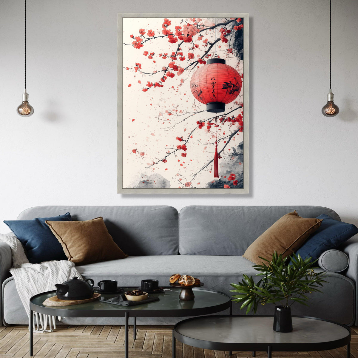 Red Japanese Lantern Canvas, Cherry Blossom Wall Art, Asian Inspired Floral Painting, Oriental Home Decor, Gift Art, Home Decor, Print