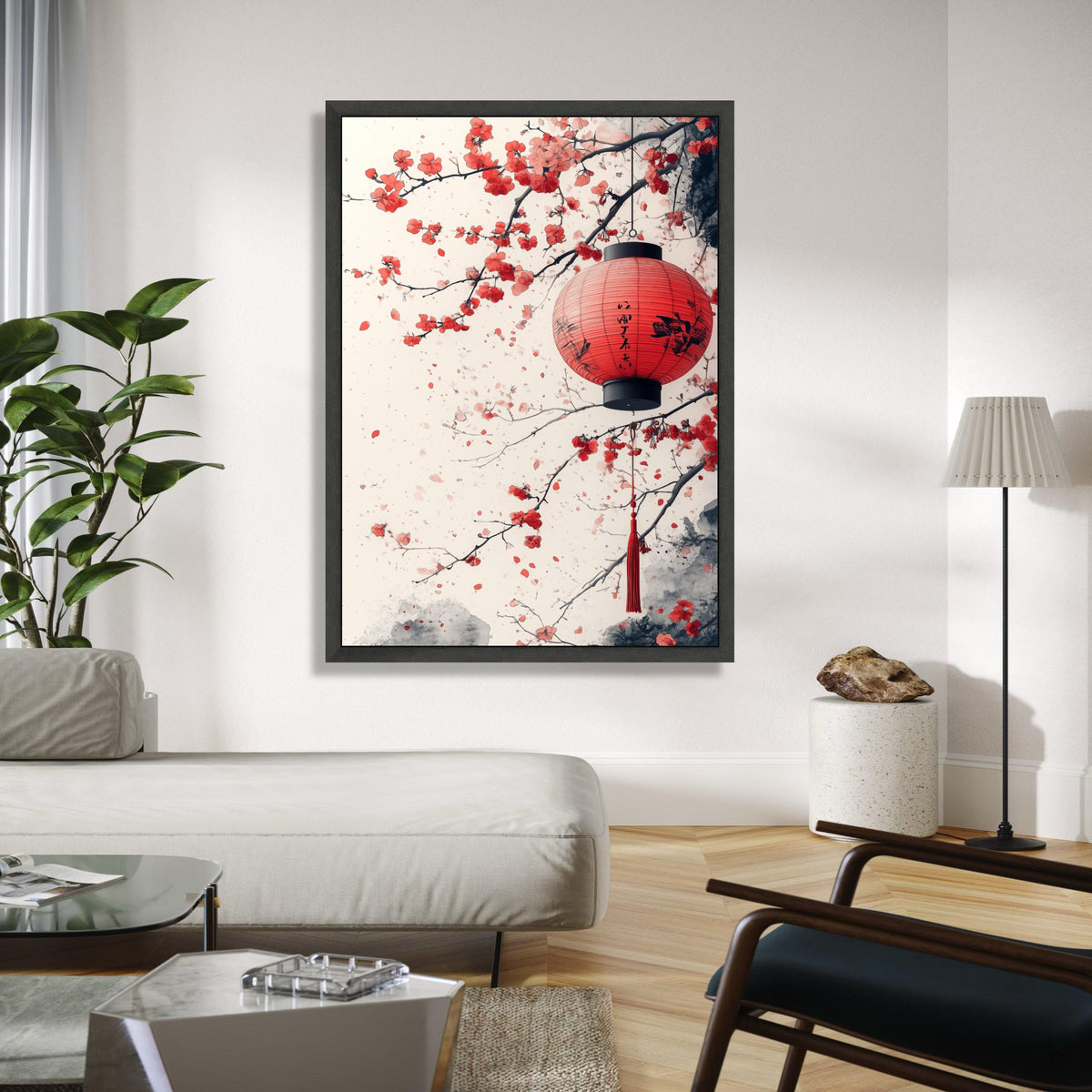 Red Japanese Lantern Canvas, Cherry Blossom Wall Art, Asian Inspired Floral Painting, Oriental Home Decor, Gift Art, Home Decor, Print