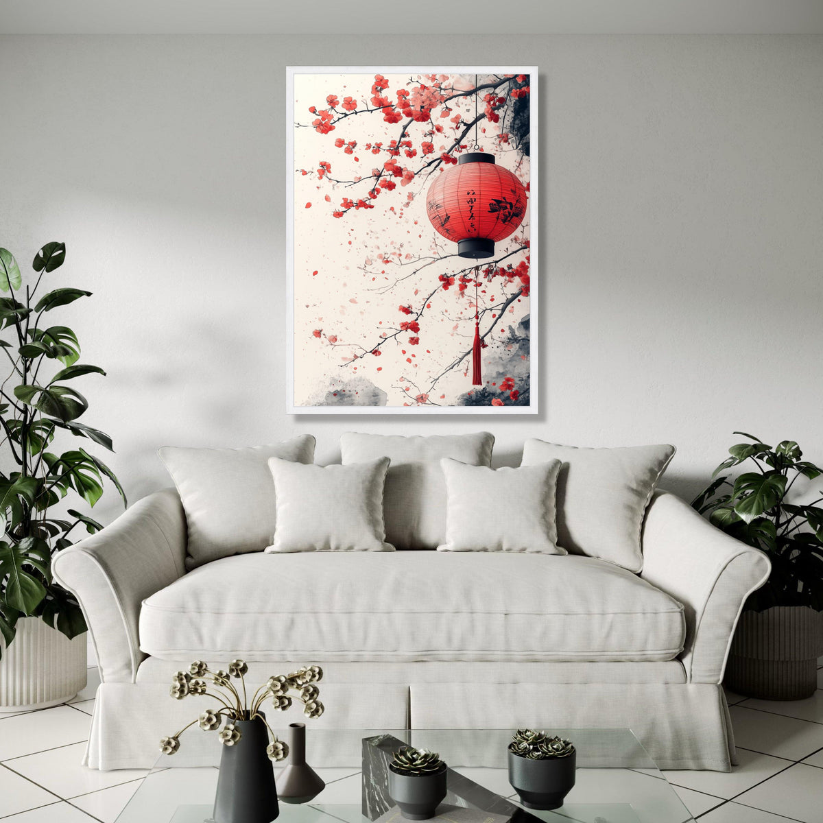 Red Japanese Lantern Canvas, Cherry Blossom Wall Art, Asian Inspired Floral Painting, Oriental Home Decor, Gift Art, Home Decor, Print