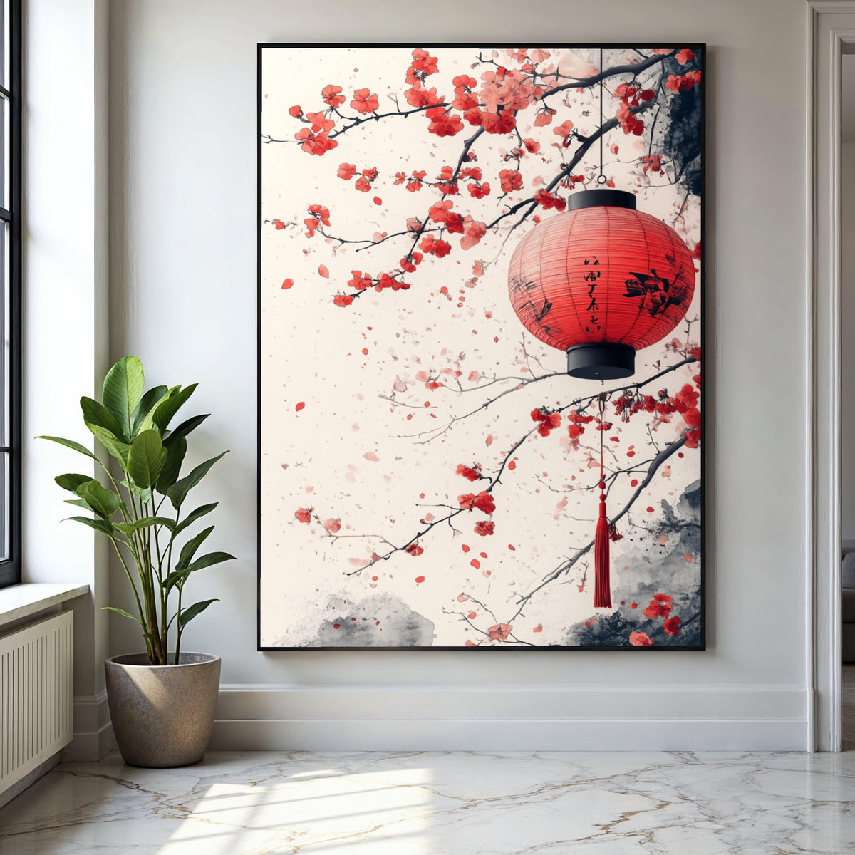 Red Japanese Lantern Canvas, Cherry Blossom Wall Art, Asian Inspired Floral Painting, Oriental Home Decor, Gift Art, Home Decor, Print