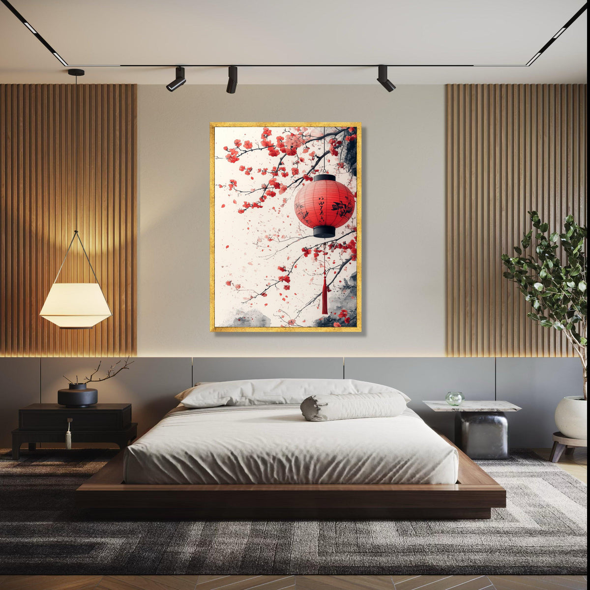 Red Japanese Lantern Canvas, Cherry Blossom Wall Art, Asian Inspired Floral Painting, Oriental Home Decor, Gift Art, Home Decor, Print