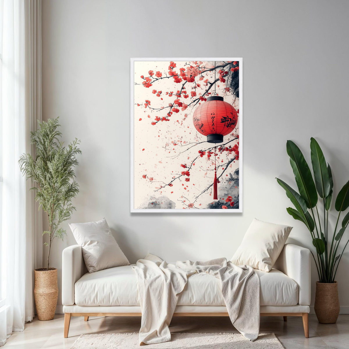 Red Japanese Lantern Canvas, Cherry Blossom Wall Art, Asian Inspired Floral Painting, Oriental Home Decor, Gift Art, Home Decor, Print