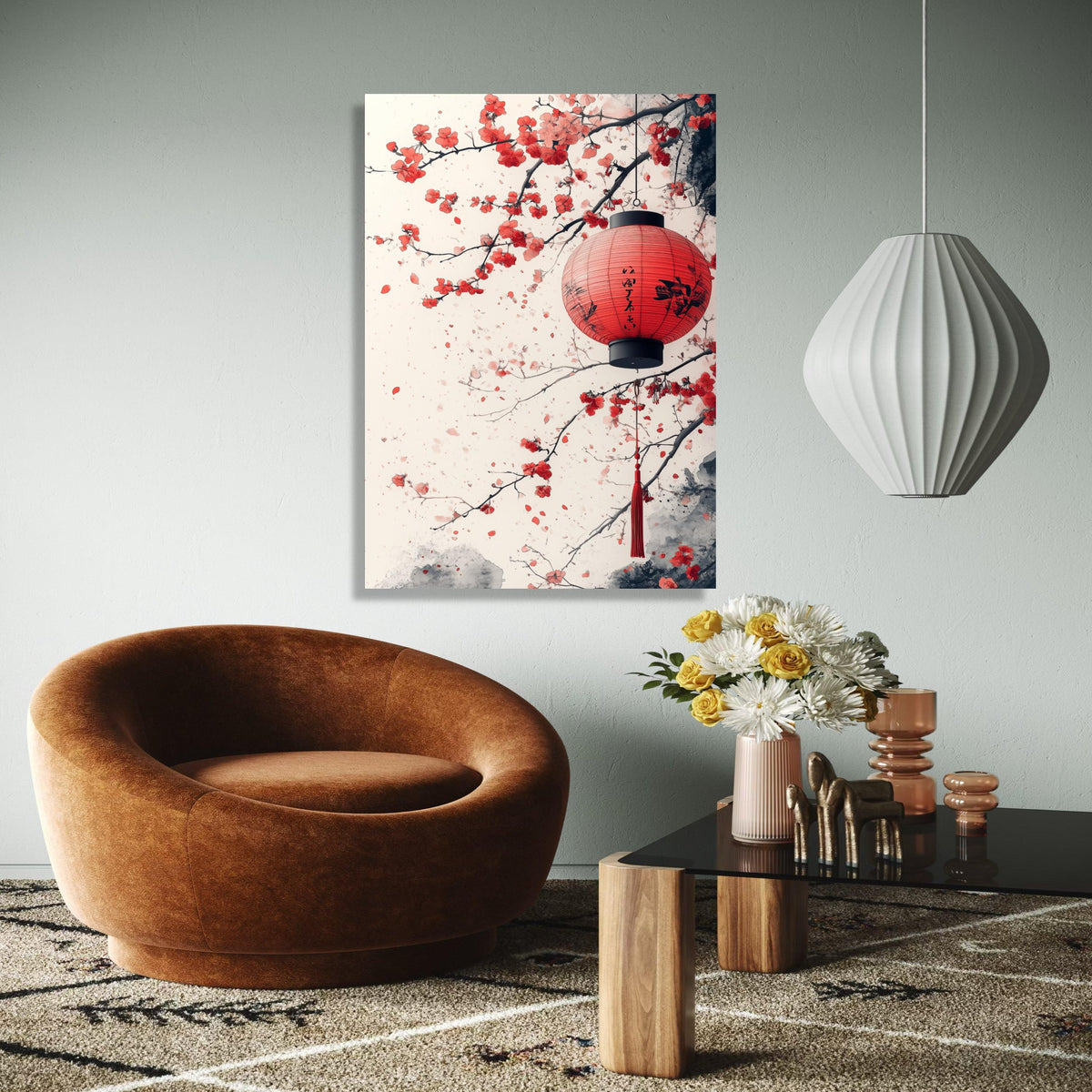 Red Japanese Lantern Canvas, Cherry Blossom Wall Art, Asian Inspired Floral Painting, Oriental Home Decor, Gift Art, Home Decor, Print