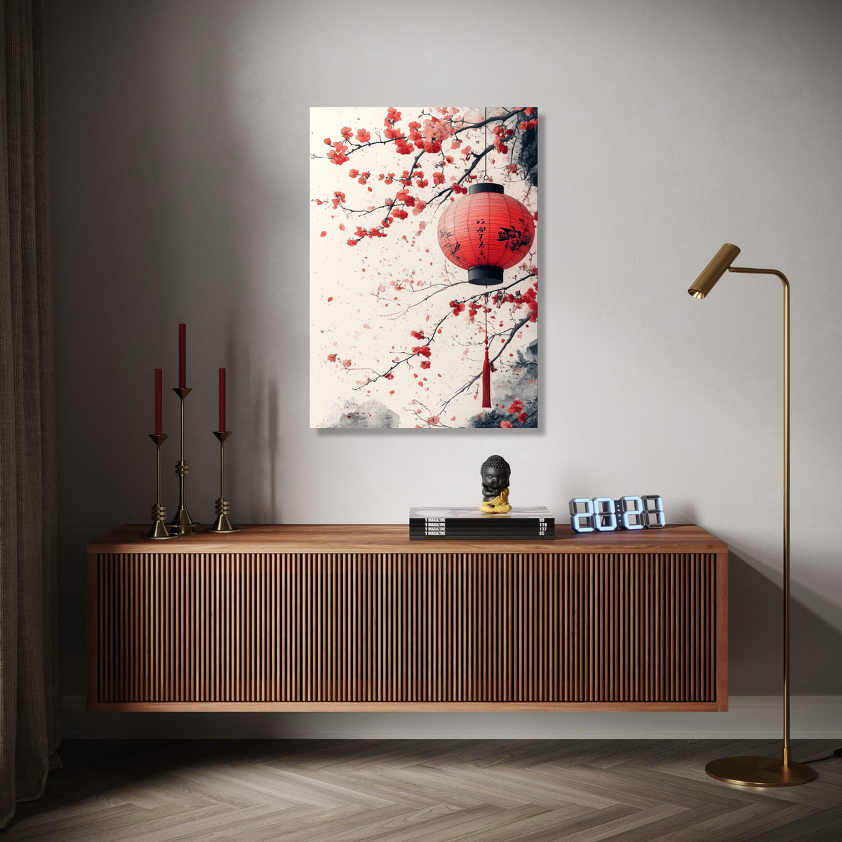 Red Japanese Lantern Canvas, Cherry Blossom Wall Art, Asian Inspired Floral Painting, Oriental Home Decor, Gift Art, Home Decor, Print
