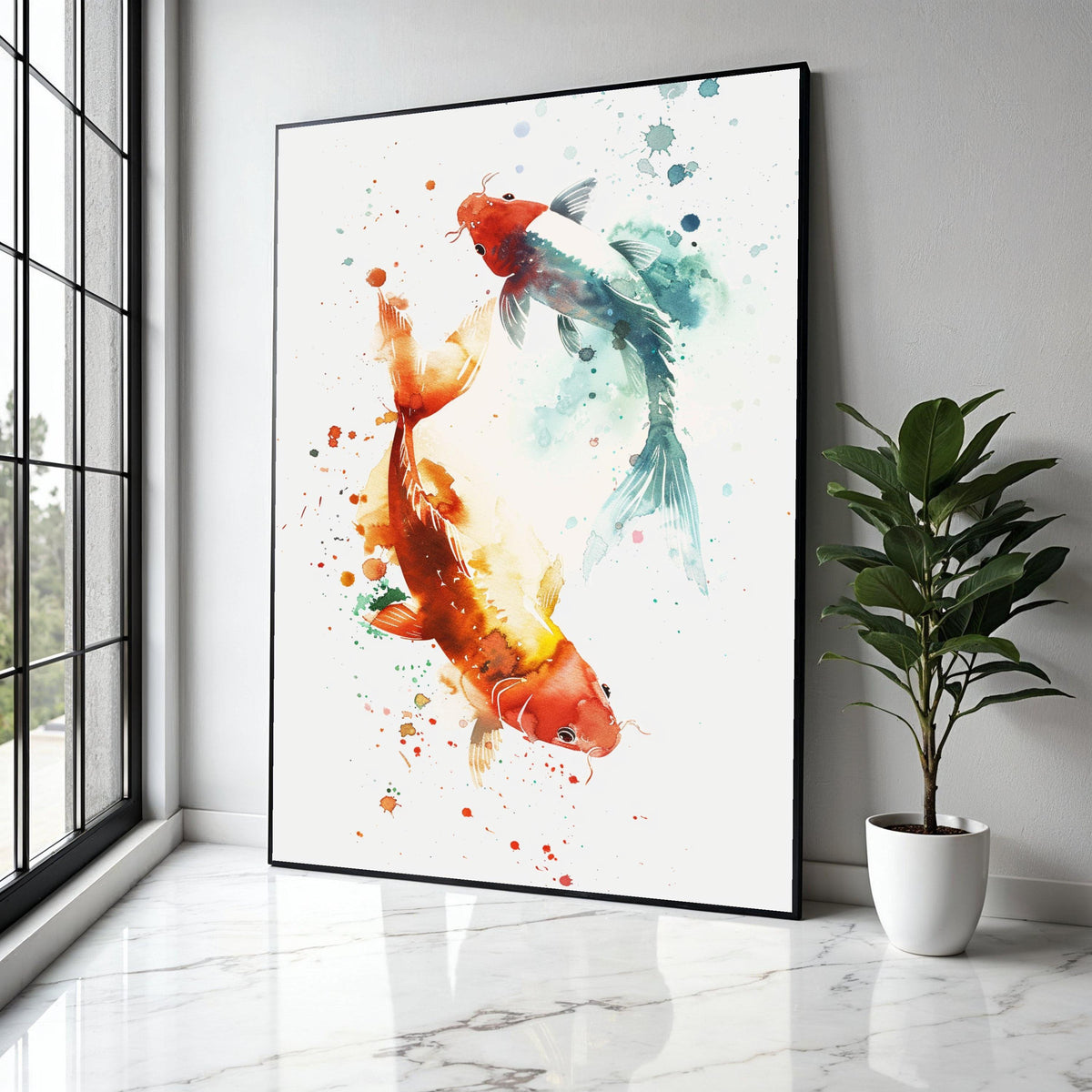 Colorful Koi Fish Canvas Wall Art, Watercolor Style Fish Painting, Asian Inspired Home Decor, Nature Aquarium Gift Art, Home Decor, Print
