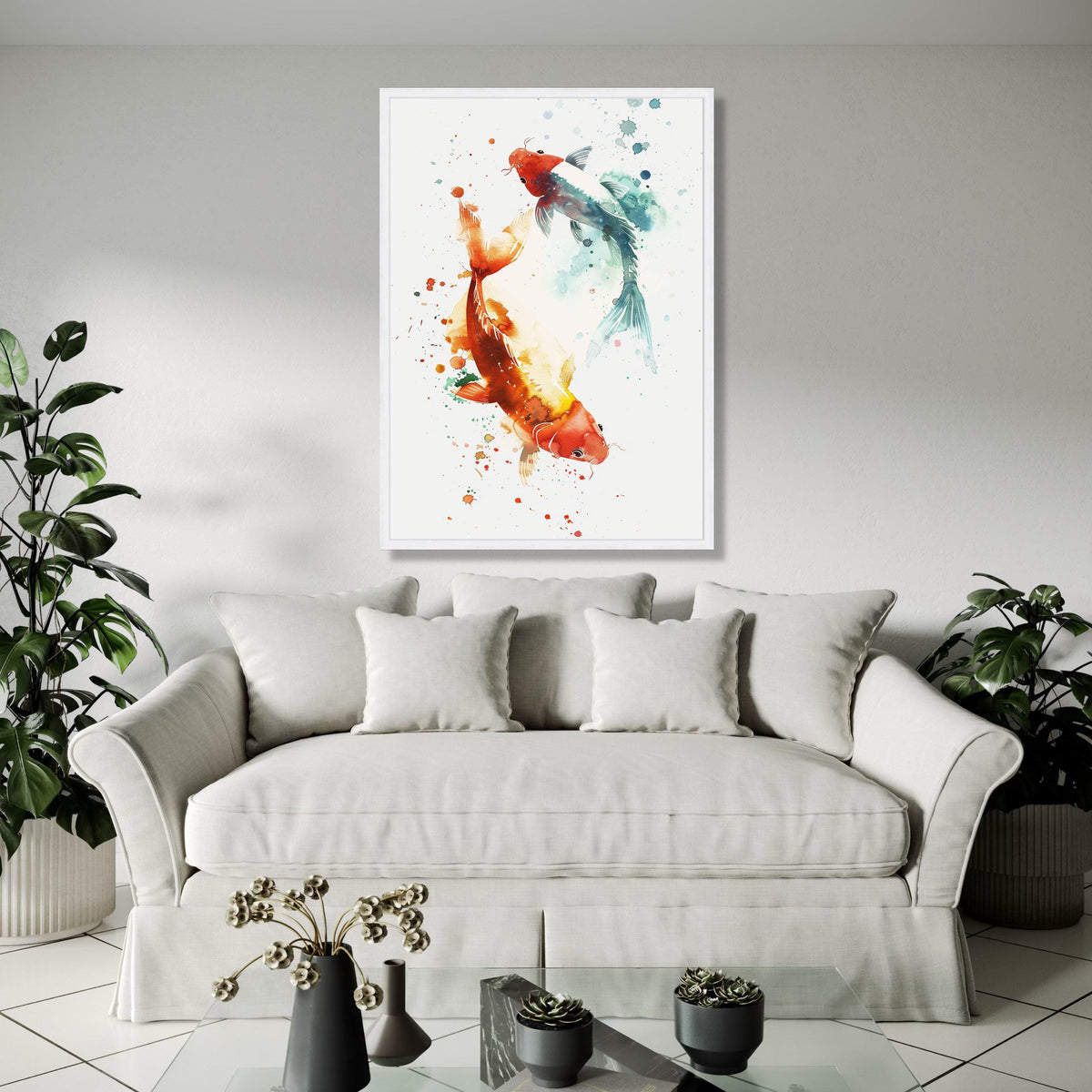Colorful Koi Fish Canvas Wall Art, Watercolor Style Fish Painting, Asian Inspired Home Decor, Nature Aquarium Gift Art, Home Decor, Print