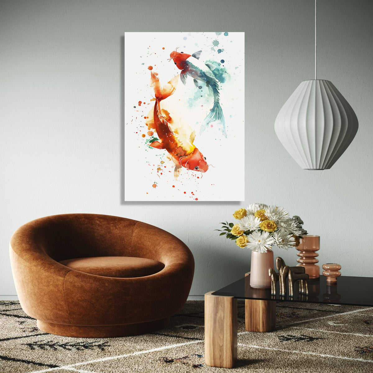 Colorful Koi Fish Canvas Wall Art, Watercolor Style Fish Painting, Asian Inspired Home Decor, Nature Aquarium Gift Art, Home Decor, Print