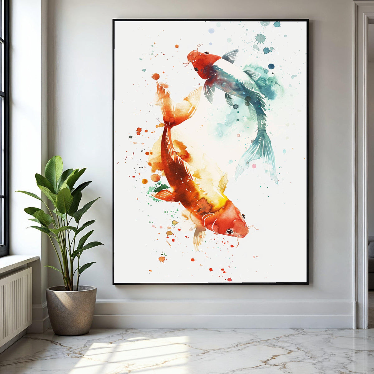 Colorful Koi Fish Canvas Wall Art, Watercolor Style Fish Painting, Asian Inspired Home Decor, Nature Aquarium Gift Art, Home Decor, Print