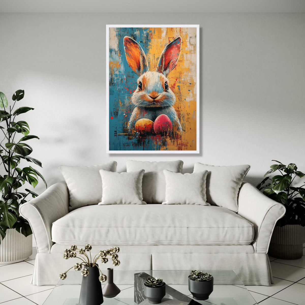 Colorful Bunny Portrait Canvas, Abstract Easter Rabbit Art, Festive Spring Wall Decor, Vibrant Egg Painting, Gift Art, Home Decor, Print