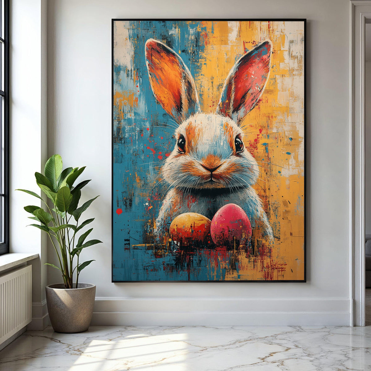 Colorful Bunny Portrait Canvas, Abstract Easter Rabbit Art, Festive Spring Wall Decor, Vibrant Egg Painting, Gift Art, Home Decor, Print
