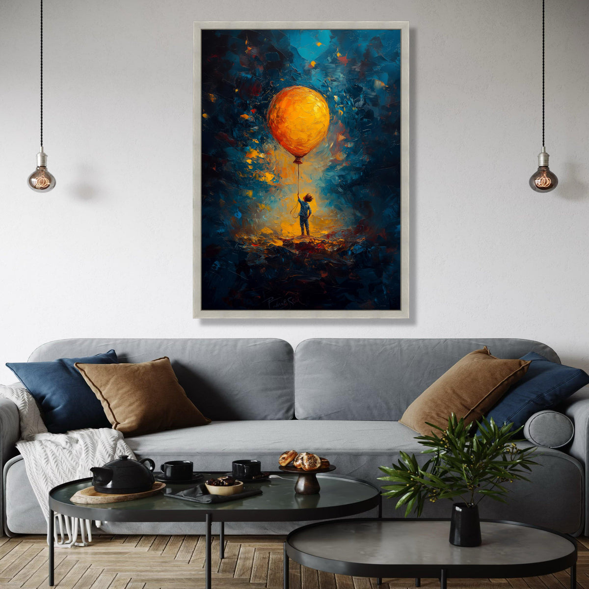 Child Holding Large Orange Balloon Canvas, Imaginative Glow Abstract Wall Art, Kids Room Decoration, Vibrant Gift Art, Home Decor, Print